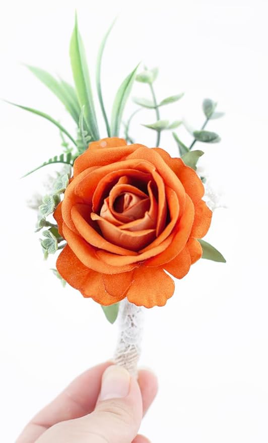 Ansofi Burnt Orange Corsage and Boutonniere Set Artificial Rose Flower Wrist Corsage and Boutineers for Groom Groomsmen Bride Bridesmaids Prom Rustic Vintage Wedding Decor