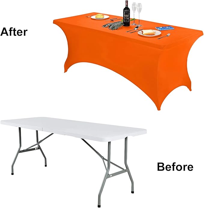 FORLIFE Spandex Table Cover - Fitted 8ft Rectangular Tablecloth, Stretch Patio Cover, Universal for Wedding, Banquet, Party (Orange)