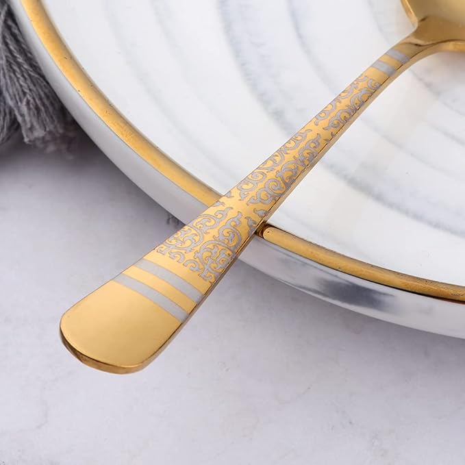 Gold Unique Pattern Design Coffee Espresso Spoons Mini, Mingcheng Stainless Steel Small Teaspoons Silverware Set of 6, BISDARUN 5.5 Inches Food Spoons for Demitasse Dessert Tea