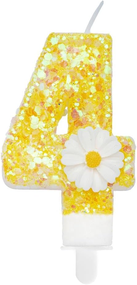 Birthday Candle 4, Yellow Flower Number 4 Candle for Cake Theme Party Supplies