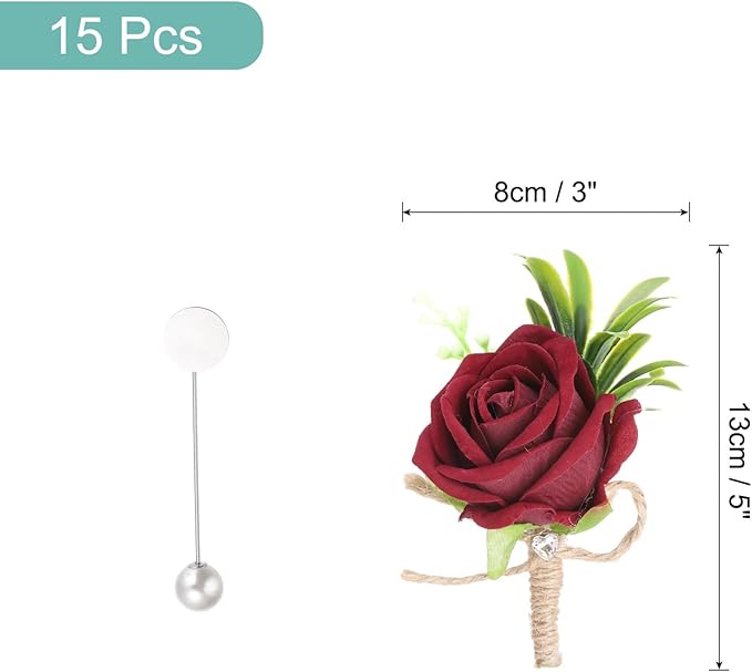 MECCANIXITY 15PCS Men Boutonnieres Corsages, Claret Rose Groomsmen Corsage Wristlet with Pins for Wedding Ceremony Anniversary, Dinner Party