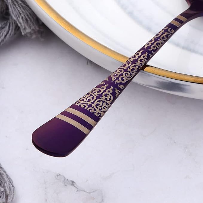 Purple Unique Pattern Design Coffee Espresso Spoons Mini, Mingcheng Stainless Steel Small Teaspoons Silverware Set of 6, BISDARUN 5.5 Inches Food Spoons for Demitasse Dessert Tea