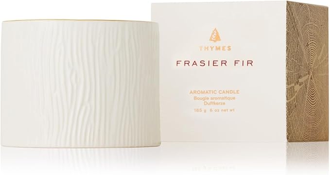 Thymes Frasier Fir Candle - Gilded Collection - Wood Grain Ceramic Design with 24-Karate Gold Rim - Mountain Fresh Fragrance - Elegant Winter Candle Scents - Gifts for Women & Men (Petite, 6 oz)