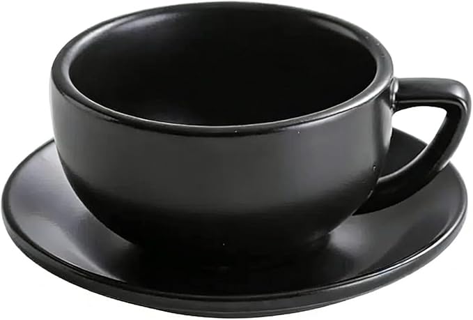 Ceramic Latte Mug, 10.82oz Barista Cup with Saucer, 7mm Thickened Rim Ceramic Cappuccino Cup, Vintage Latte Art Mug for Home & Café (Quiet Black)