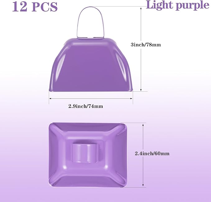 3Inch Cowbells for Sporting Events,12Pcs Metal Cow Bells Bulk Loud Noise Makers Cow Bell with Handle for Cheering Football Games Spirit Marathon Weddings Party Noisemakers, Light Purple