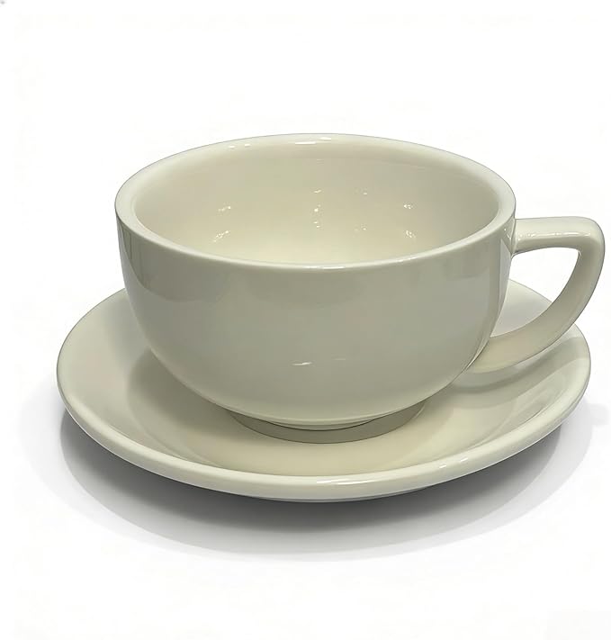 Ceramic Latte Mug, 10.82oz Barista Cup with Saucer, 7mm Thickened Rim Ceramic Cappuccino Cup, Vintage Latte Art Mug for Home & Café (Bright White)
