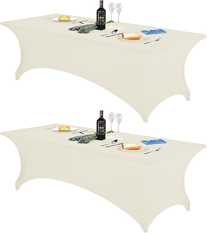 FORLIFE 2Pack Spandex Table Covers，Fitted Tablecloth for Rectangular Tables, Stretch Patio Table Covers, Universal Spandex Table Cover for Wedding, Banquet, Party (8ft, Ivory)
