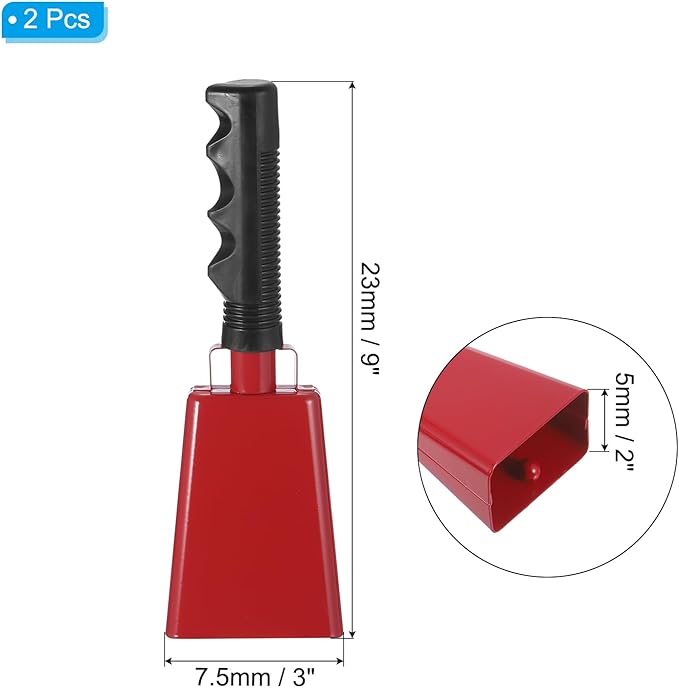 PATIKIL 9inch Cow Bells for Football Games, 2pcs Cowbells for Sporting Events Bulk Loud Noise Makers Metal Cow Bell with Handle for Cheering Competition Marathon Wedding DIY Paint, Red