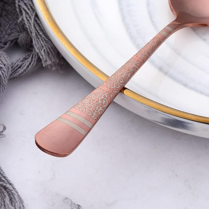Rose Gold Unique Pattern Design Coffee Espresso Spoons Mini, Mingcheng Stainless Steel Small Teaspoons Silverware Set of 6, BISDARUN 5.5 Inches Food Spoons for Demitasse Dessert Tea