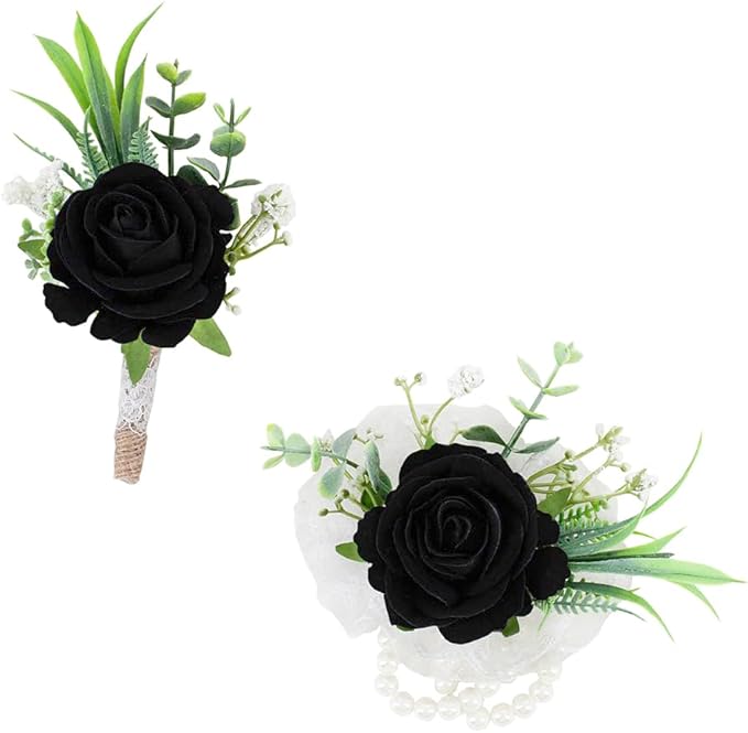 Ansofi Black Corsage and Boutonniere Set Artificial Rose Flower Wrist Corsage and Boutineers for Groom Groomsmen Bride Bridesmaids Prom Rustic Vintage Wedding Decor