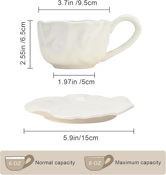 Ceramic Espresso Cups with Saucers 6 oz,Coffe Cups for Cappuccino,Latte,Tea with Saucers Set of 2 - Folds - White