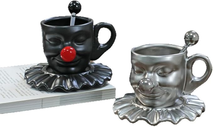 Tea Cups and Saucers, Ceramic Coffee Cup Set 8.5oz, Porcelain Tea Set Face artistic clown cup Design for Lover Gift & Home Decor-Black