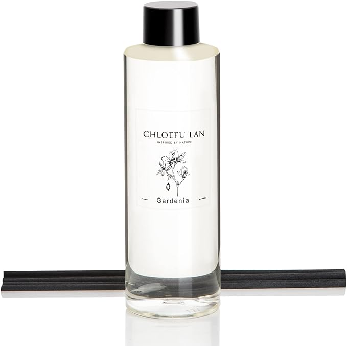 Chloefu LAN Gardenia Reéd Diffuser Refill 200ml/6.76 fl oz, Natural Essential Scented Oil, Best for Aromatherapy, SPA and Home, 0% Alcohol, A Fresh Clean Scent, Free Set of Diffuser Sticks