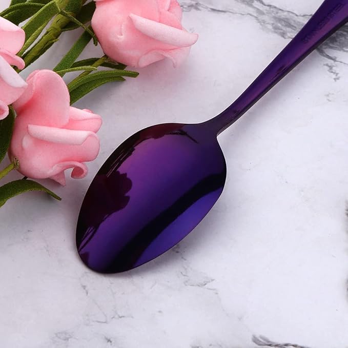 Purple Unique Pattern Design Coffee Espresso Spoons Mini, Mingcheng Stainless Steel Small Teaspoons Silverware Set of 12, BISDARUN 5.5 Inches Food Spoons for Demitasse Dessert Tea