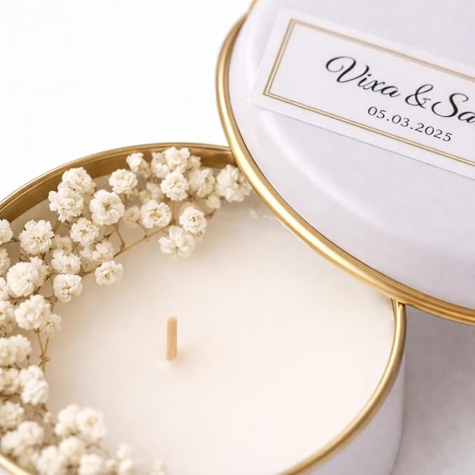 Personalized Natural Soy Wax Wedding Favor Candle Gift Set for Guest - Fall Winter Christmas Custom Dried Flower Bridal Baby Shower Gifts in Bulk (50 Pieces, Blue Flower)