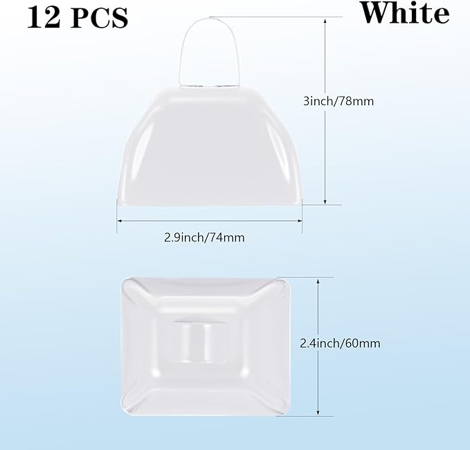 3Inch Cowbells for Sporting Events,12Pcs Metal Cow Bells Bulk Loud Noise Makers Cow Bell with Handle for Cheering Football Games Spirit Marathon Weddings Party Noisemakers, White