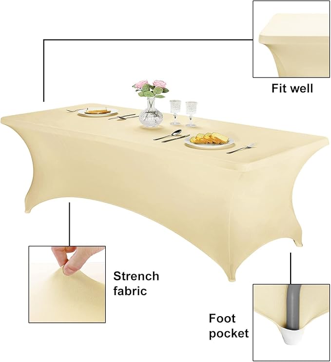 FORLIFE 2Pack Spandex Table Covers，Fitted Tablecloth for Rectangular Tables, Stretch Patio Table Covers, Universal Spandex Table Cover for Wedding, Banquet, Party (8ft, Champagne)