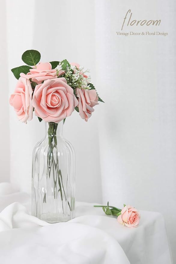 Floroom Artificial Flowers 50pcs Real Looking Peach Pink Foam Fake Roses with Stems for DIY Wedding Bouquets Bridal Shower Centerpieces Floral Arrangements Party Tables Home Decorations