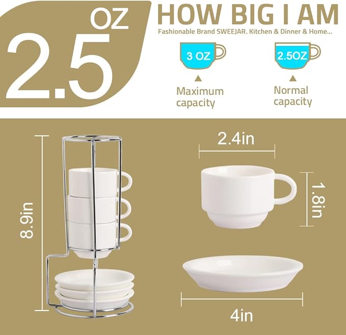 Sweejar Porcelain Espresso Cups with Saucers, 2.5 Ounce Stackable Cappuccino Cups with Metal Stand for Coffee Drinks, Latte, Tea - Set of 4 (Black)