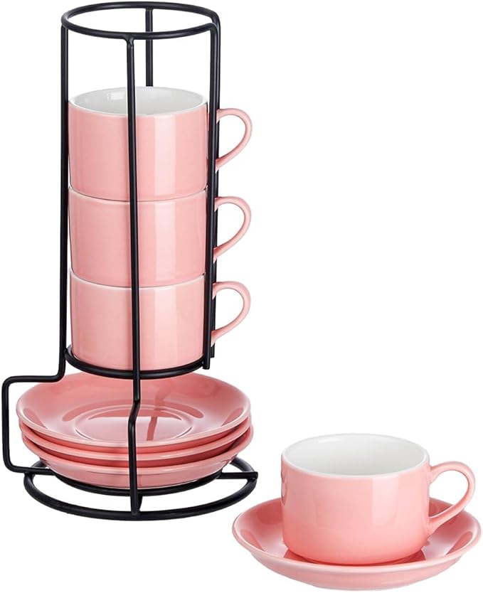 2.5oz Espresso Cups Set of 4, Porcelain Stackable Espresso Cups with Saucers and Metal Stand Set, Pink Expresso Shots Cup Set for Cappuccino, Coffee Drinks, Latte, Tea