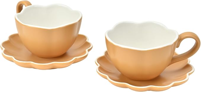 Ceramic Espresso Cups with Saucers 6 oz,Coffe Cups for Cappuccino,Latte,Tea with Saucers Set of 2 - Flower - Caramel Brown