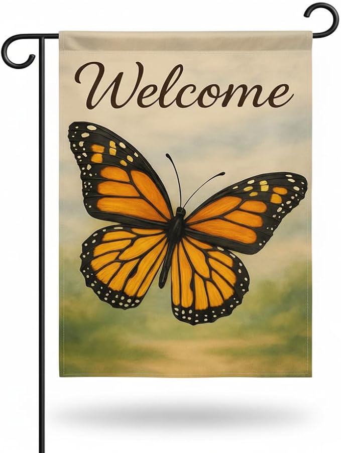 FLAGMEUP8386 Welcome Monarch Butterfly Garden Flag 12x18 Inch Double-Sided Polyester Yard Banner with Bright Wings, Outdoor Decorative Flag for Garden, Patio, Porch, Families, Seasonal Celebrations