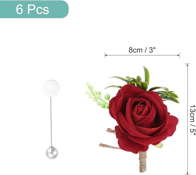 MECCANIXITY 6PCS Men Boutonnieres Corsages, Bright Red Rose Groomsmen Corsage Wristlet with Pins for Wedding Ceremony Anniversary, Dinner Party
