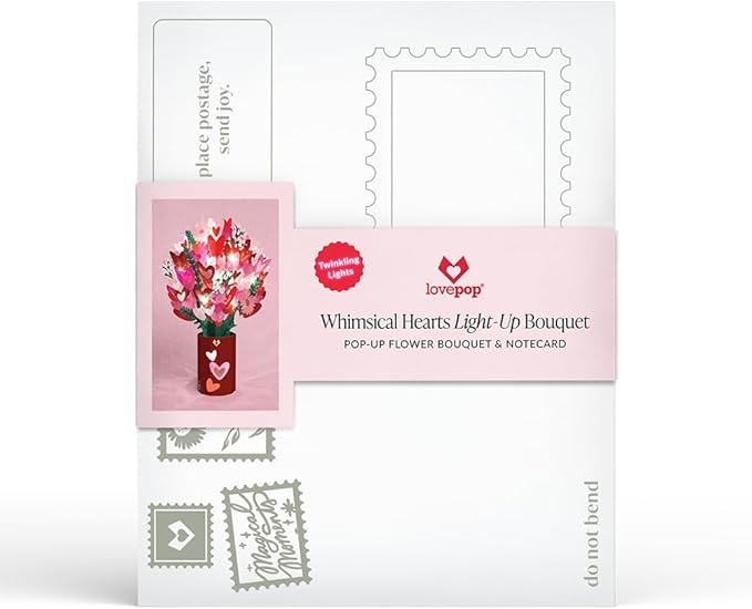 Lovepop Love Pop-Up Bouquet with LED Lights for Her and Him - 3D Light-Up Greeting Cards for Boys, Girls, Men, Women - Whimsical Hearts - 12" Bouquet - Blank Notecard & Envelope Included