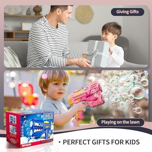 Jasny Rechargeable Pink Dolphin Bubble Guns for Kids, LED Light Up Bubble Machine Blower with 2 Bottles Bubble Refill Solution for Kids, Bubble Makers Blaster for Toddlers, Summer Wedding Toys Gift