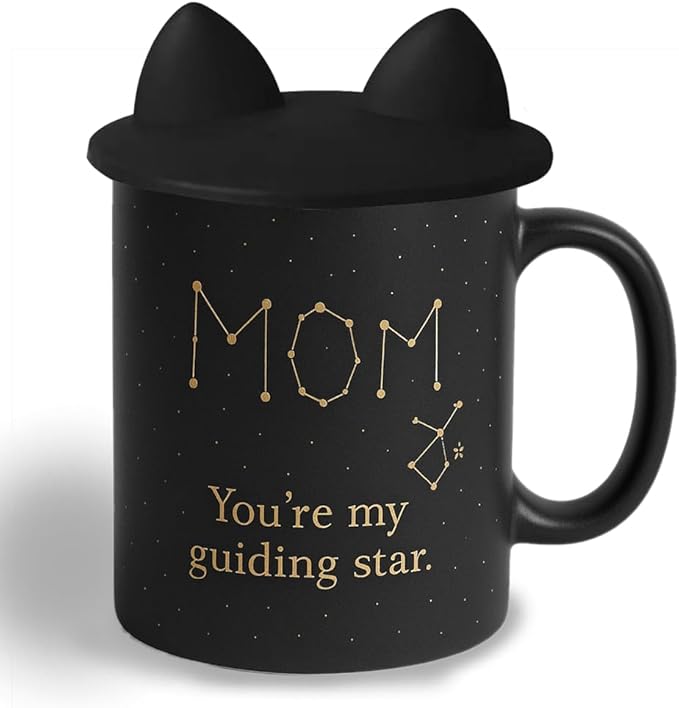 Mom Constellation Coffee Mug, Black Ceramic with Cat Ears Lid, 11 Oz, Guiding Star Design,Mom Gifts from Son Daughter,Mother's Day Gifts