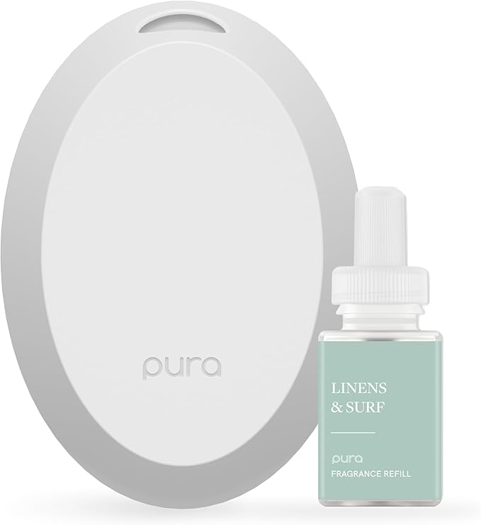 Pura Mini Smart Fragrance Diffuser for Small Spaces Adjustable Smart Home Device with LED Light & Automatic Vial Detection - Includes 1 Scent Refill; Linens & Surf