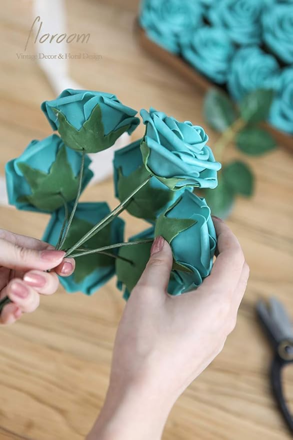 Floroom Artificial Flowers 50pcs Real Looking Teal Green Foam Fake Roses with Stems for DIY Wedding Bouquets Bridal Shower Centerpieces Floral Arrangements Party Tables Home Decorations