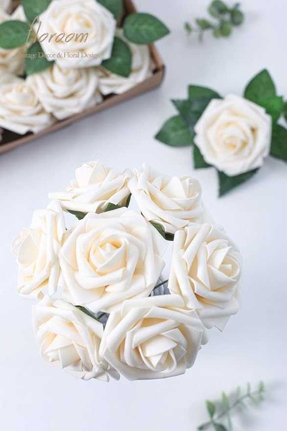 Floroom Artificial Flowers 25pcs Real Looking Cream Foam Fake Roses with Stems for DIY Wedding Bouquets Bridal Shower Centerpieces Floral Arrangements Party Tables Home Decorations
