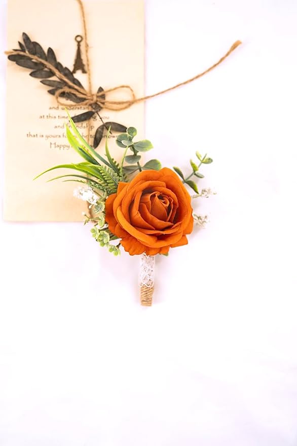 Ansofi Burnt Orange Corsage and Boutonniere Set Artificial Rose Flower Wrist Corsage and Boutineers for Groom Groomsmen Bride Bridesmaids Prom Rustic Vintage Wedding Decor