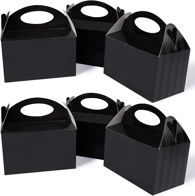 Happyhiram Black 25 CT 6 Inch Candy Boxes Party Favors Stripes Paper Cookie Gift Bags with Handles Gable Boxes Goodie Snack Bags for Graduation Birthday Party
