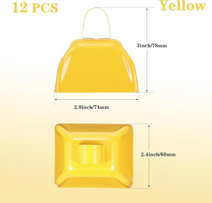 3Inch Cowbells for Sporting Events,12Pcs Metal Cow Bells Bulk Loud Noise Makers Cow Bell with Handle for Cheering Football Games Spirit Marathon Weddings Party Noisemakers, Yellow