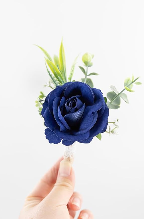 Ansofi Navy Blue Corsage and Boutonniere Set Artificial Rose Flower Wrist Corsage and Boutineers for Groom Groomsmen Bride Bridesmaids Prom Rustic Vintage Wedding Decor