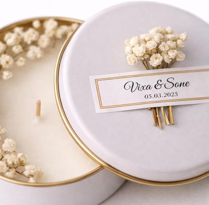 Personalized Natural Soy Wax Wedding Favor Candle Gift Set for Guest - Fall Winter Christmas Custom Dried Flower Bridal Baby Shower Gifts in Bulk (Yellow Flower, 90 Pieces)