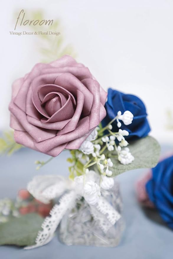Floroom Artificial Flowers 25pcs Real Looking Rosy Brown Foam Fake Roses with Stems for DIY Wedding Bouquets Bridal Shower Centerpieces Floral Arrangements Party Tables Home Decorations