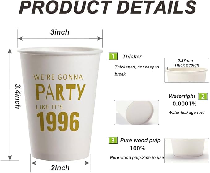 SharkBliss 1996 30th Birthday Party Cups 9oz Gold 20 Pack Party Supplies – Party Like It's 1996