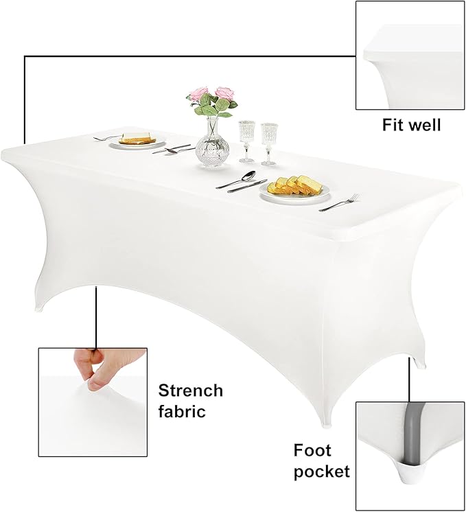 FORLIFE Spandex Table Covers，Fitted Tablecloth for Rectangular Tables, Stretch Patio Table Covers, Universal Spandex Table Cover for Wedding, Banquet, Party (6ft, White)