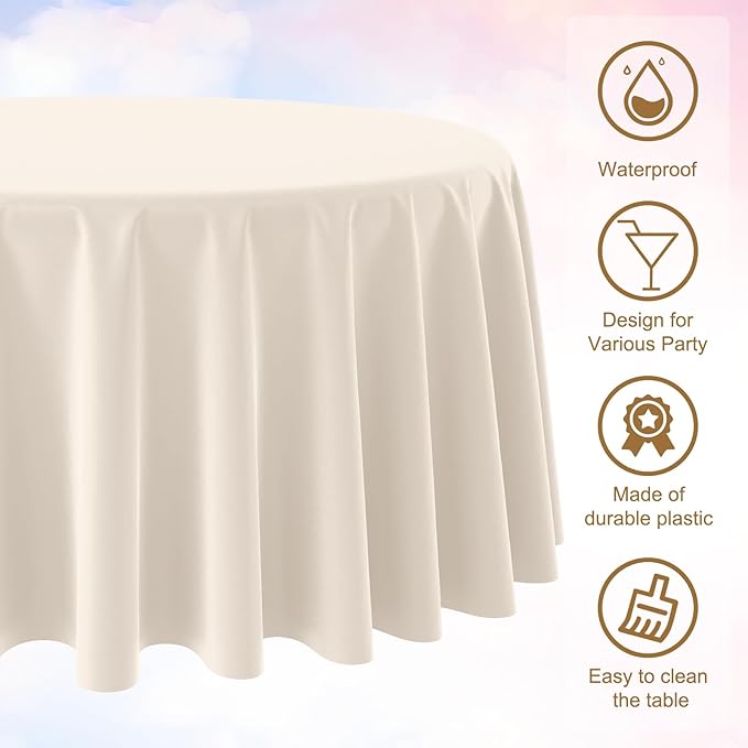 3Pcs 84Inch Beige Tablecloths for Round Tables,Disposable Plastic Ivory Table Cloth,Waterproof Cream Table Cover for Birthdays Weddings Anniversary Party Decorations