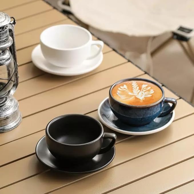 Ceramic Latte Mug, 10.82oz Barista Cup with Saucer, 7mm Thickened Rim Ceramic Cappuccino Cup, Vintage Latte Art Mug for Home & Café (Quiet Black)