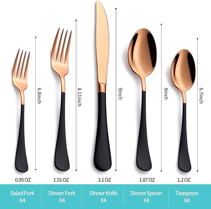 20-Piece Rose Gold and Black Silverware Set for 4 - 18/0 Stainless Steel Flatware Cutlery Utensils, Include Dinner Knives, Forks, Spoons, Salad Forks, Teaspoons, Dishwasher Safe