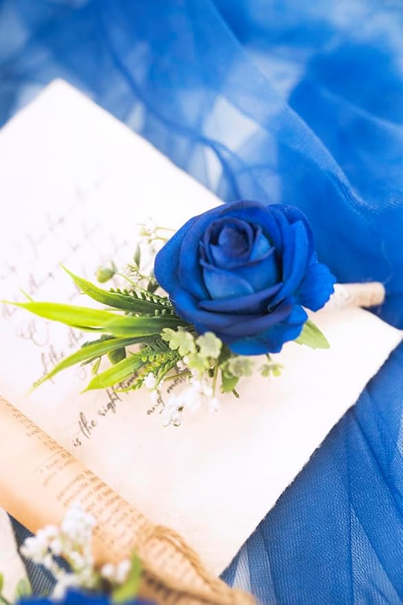 Ansofi Royal Blue Corsage and Boutonniere Set Artificial Rose Flower Wrist Corsage and Boutineers for Groom Groomsmen Bride Bridesmaids Prom Rustic Vintage Wedding Decor