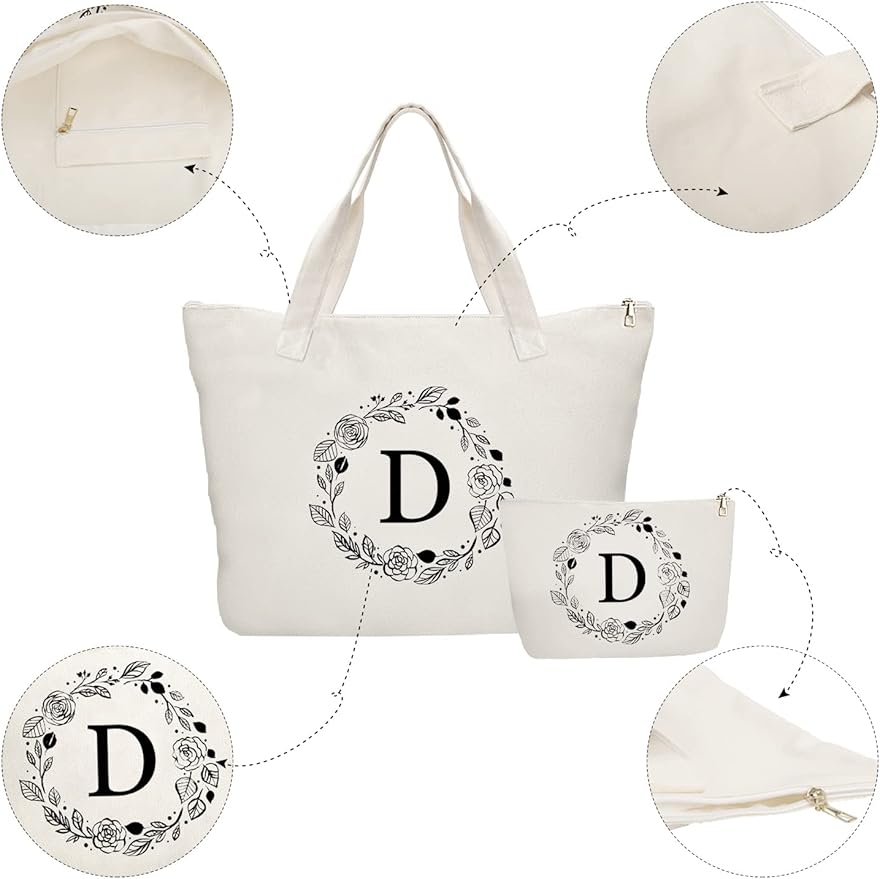 Personalized Initial Canvas Tote Bag with Zipper, Present Bag with Inner Pocket & Make Up Bag, Great Gifts for Women, Mom, Teachers, Friends, Bridesmaids