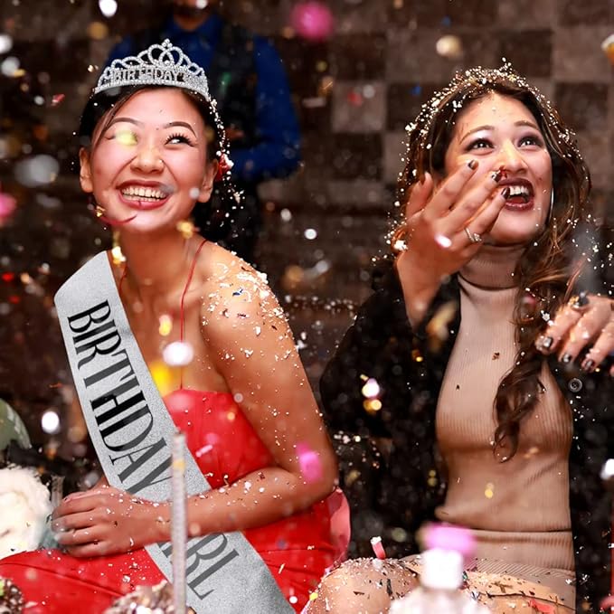 AOPRIE Birthday Crown and Sash for Women - Tiara Headband Princess Crown Rhinestone Happy Birthday Accessories Silver Black