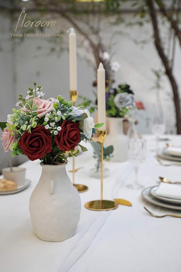 Floroom Artificial Flowers 25pcs Real Looking Burgundy Foam Fake Roses with Stems for DIY Wedding Bouquets Red Bridal Shower Centerpieces Party Decorations