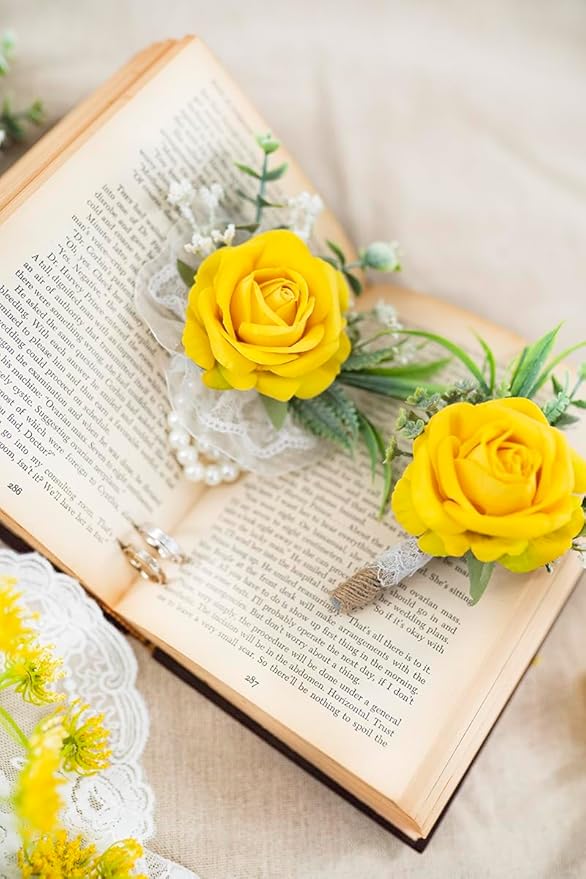 Ansofi Yellow Corsage and Boutonniere Set Artificial Rose Flower Wrist Corsage and Boutineers for Groom Groomsmen Bride Bridesmaids Prom Rustic Vintage Wedding Decor