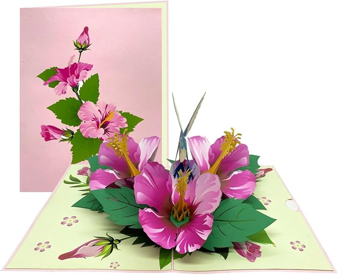 iGifts And Cards 3D Hibiscus Blue Hummingbird Greeting Pop Up Card 6" x 8" with Envelope – Stunning Pop-Up Floral Gift – Bird and Flower Lovers Card for Birthday, Mother's Day, or Thinking of You